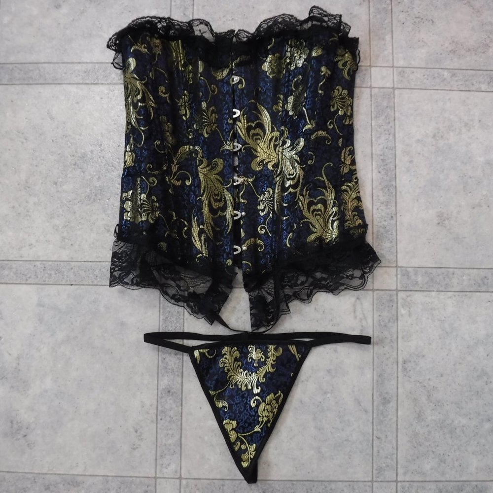 Beautiful Satin Brocade Corset and G-String
